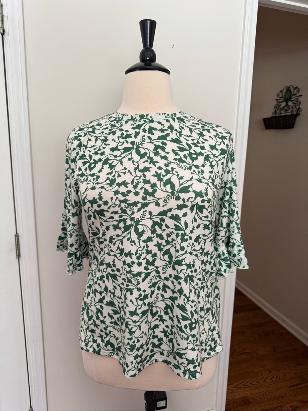 Women's Cream Tee with Green Floral Print and Ruffled Short Sleeves